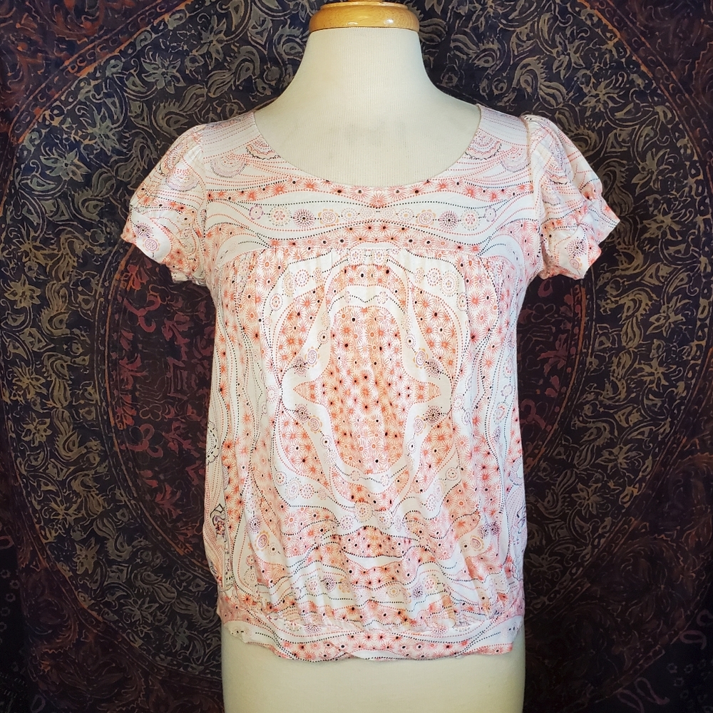Vintage Free People Multicolor Abstract Floral Cotton Linen Blend Top Womens M